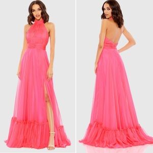 Mac Duggal Pink High Neck Tiered Chiffon Halter Gown Neon Tulle NEW Size 8 $258